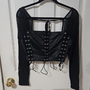 SHEIN Black Lace-Up Mesh Crop Top